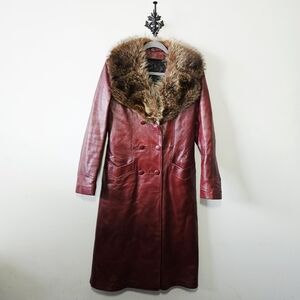 Vintage 70s Burgundy Leather Jacket Fur Trim Size S Long Maxi